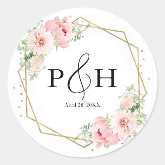 Goldfolie Monogram Geometric Blush Floral Wedding Runder Aufkleber (Vorderseite)