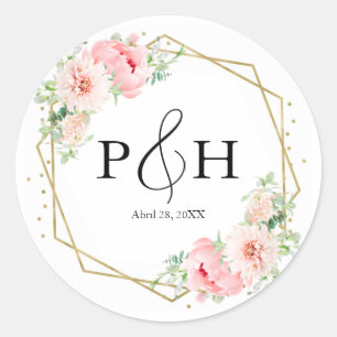 Goldfolie-Monogramm geometrischer Rosé-Blumen-Hoch Runder Aufkleber