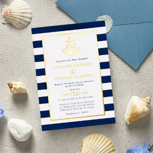Goldfolie Navy Nautische Streifen Anker Hochzeit Folieneinladung