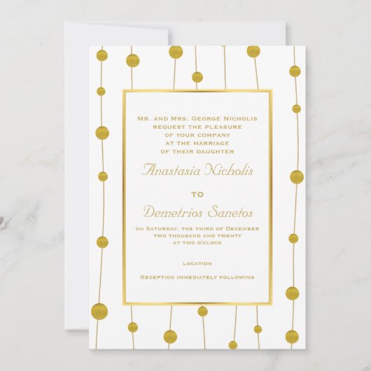 Goldfolie Perlen und Rahmen moderner Hochzeit Einladung (Vorderseite)