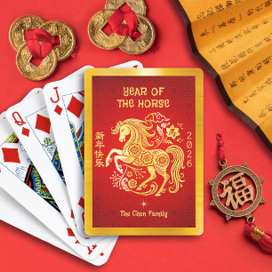 Goldfolie-Pferd 2026 Chinesisches Neujahr Rot Spielkarten