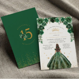 Goldfolie Quinceañera Smaragdgrün Floral Folieneinladung