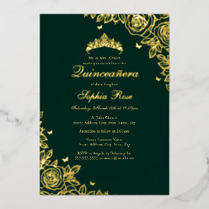 Goldfolie Rose Smaragd Quinceanera Geburtstag  Folieneinladung