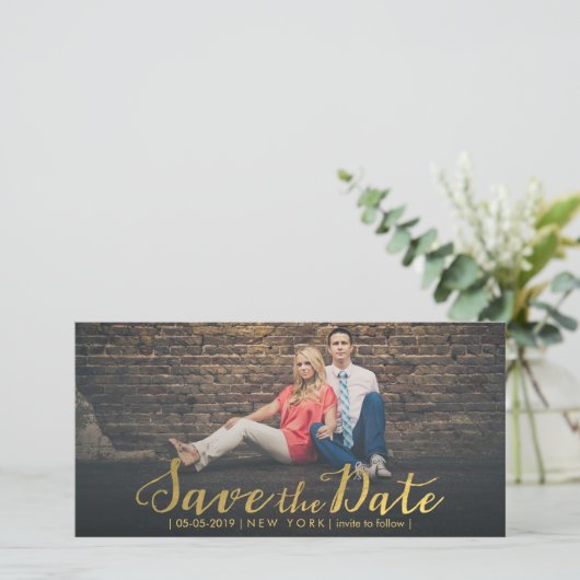 Goldfolie Save the Date Fotokarten überlagern (Stehend Vorderseite)