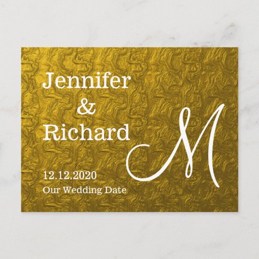 Goldfolie Save the Date Mit Monogramm Ankündigungspostkarte (Vorderseite)