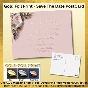 Goldfolie Save The Date rosa Rosen Tauben Postkart Folie Einladungspostkarte