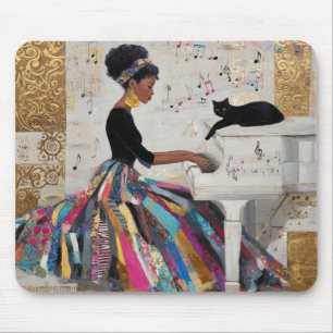 Goldfolie Schwarze Pianistin und Katze Mousepad