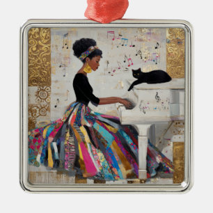 Goldfolie Schwarze Pianistin und Katze Ornament Aus Metall