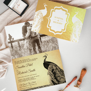Goldfolie-Sepia-Pfau-Foto-Hochzeits-Einladung Folienkarte