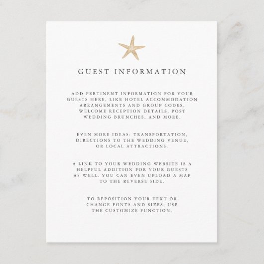 Goldfolie Starfish Hochzeitsgast Details Begleitkarte (Vorderseite)