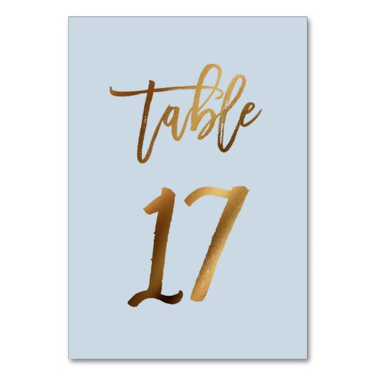 Goldfolie staubblaue Hochzeitsstiftung Tischnummer (Vorderseite)
