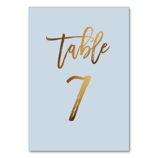 Goldfolie staubblaue Hochzeitsstiftung Tischnummer (Vorderseite)