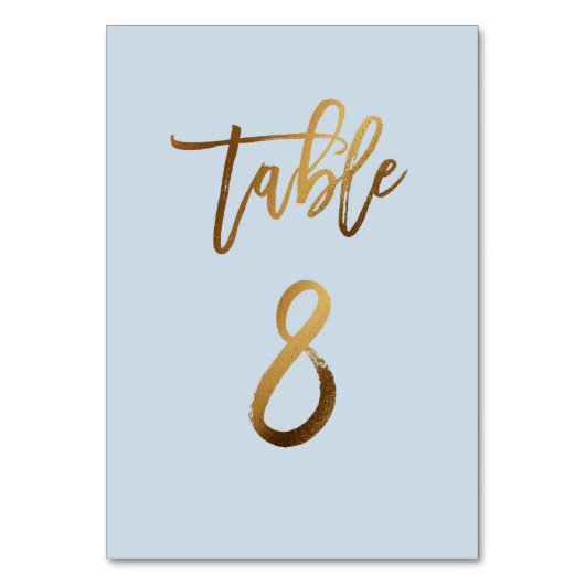 Goldfolie staubblaue Hochzeitsstiftung Tischnummer (Vorderseite)