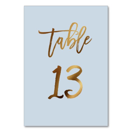 Goldfolie staubblaue Hochzeitsstiftung Tischnummer (Vorderseite)