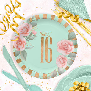 Goldfolie Streifen 16 . Geburtstag Mint ID757 Pappteller