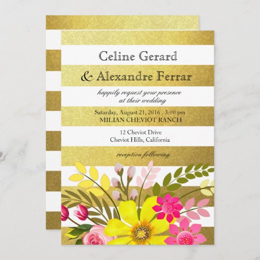 Goldfolie Streifen Folklore Blume Hochzeitsgelb Einladung (Vorne/Hinten)