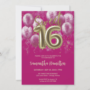 Goldfolie Süß 16 Birthday Balloons Hot Pink Einladung