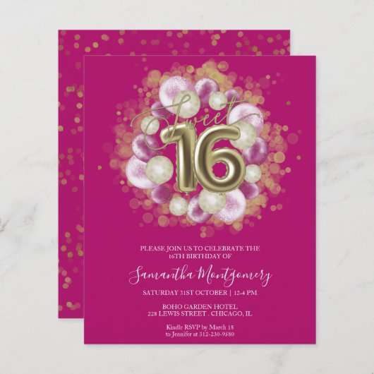 Goldfolie Süße 16 Tagesballons Einladung (Vorne/Hinten)