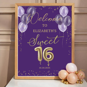 Goldfolie Sweet 16 Balloons Lila Willkommenszeiche Poster