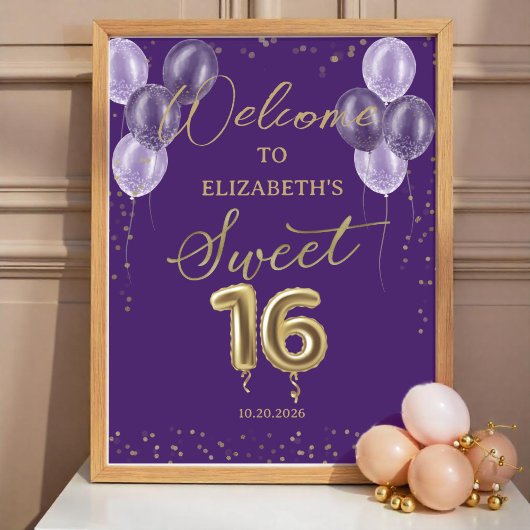 Goldfolie Sweet 16 Balloons Lila Willkommenszeiche Poster
