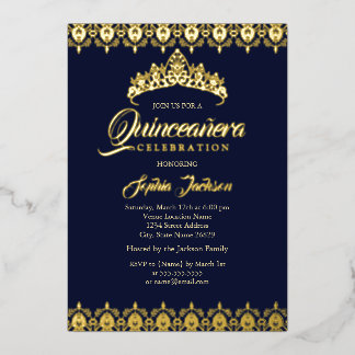 Goldfolie Tiara Navy Quinceanera Folieneinladung