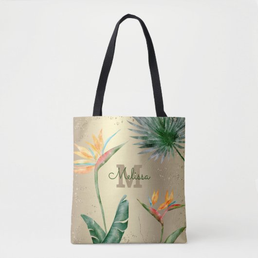 Goldfolie Tropical Island Bloral Monogram Script Tasche (Vorderseite)