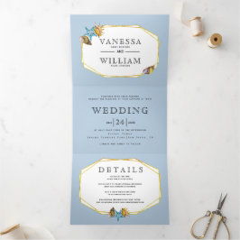 Goldfolie und Muscheln Hochzeit am Strand Dreifach Gefaltete Einladung