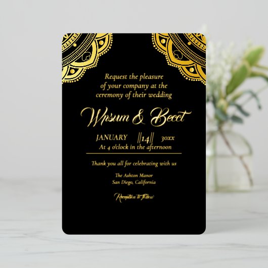 Goldfolie und Schwarz Luxus Einladungs-Kartendesig Folieneinladung (Stehend vorne)