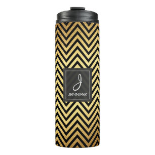 Goldfolie und schwarzes Zickzack Muster-Monogramm Thermosbecher