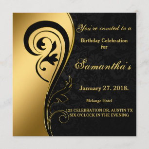 Goldfolie, Wirbel, schwarzer Damast, 50. Geburtsta Einladung