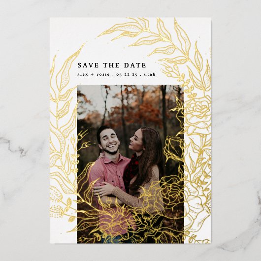 Goldfolien-Blume-Kranz Save the Date Folieneinladung (Vorderseite)