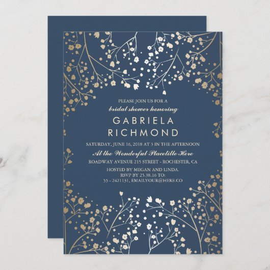 Goldfolien-Effekt-Marine-Gipskraut-Brautparty Einladung (Vorne/Hinten)