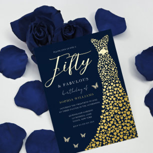 Goldfolien-Herz-Kleid mit Navy 50. Geburtstagsfeie Folieneinladung