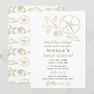 Goldfolien-Look Meeresmuscheln Chic Beach Sweet 16 Einladung