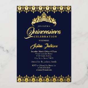 Goldfolien-Tiara-Navy-Quinceanera Folieneinladung