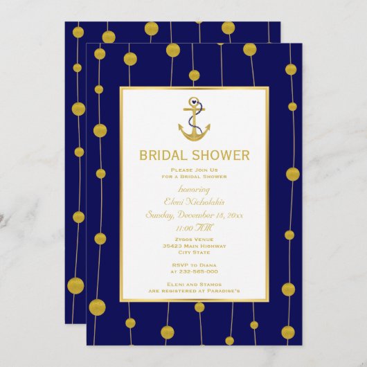 Goldfolienanker nautisches Hochzeitsfest-Brautpart Einladung (Vorne/Hinten)
