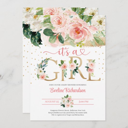 Goldfolienbriefe Es ist eine Blumendusche für Mädc Einladung (Vorne/Hinten)