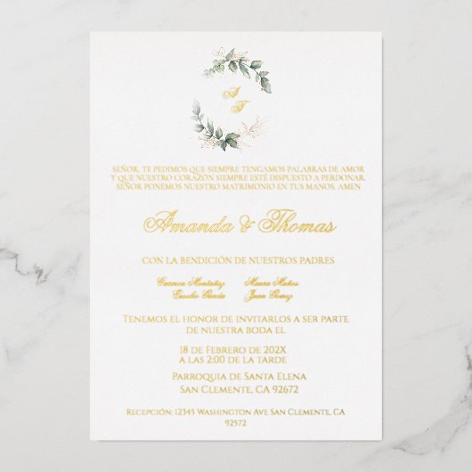 Goldfoliengrün minimalistisch Spanische Hochzeit Folieneinladung (Vorderseite)