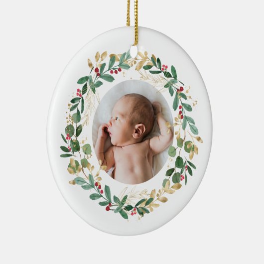 Goldfolienkranz | Baby First Christmas Blue Keramik Ornament (Rechts)
