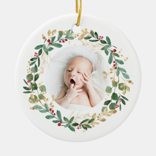 Goldfolienkranz | Baby First Christmas Green Keramik Ornament (Vorne)
