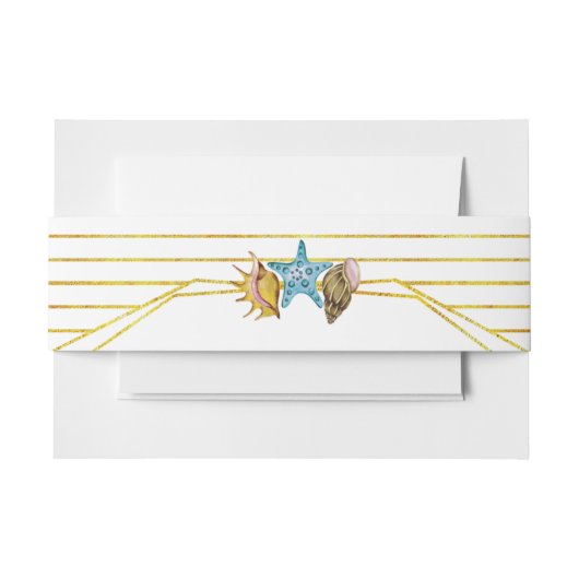 Goldfolienlinien und Muscheln Hochzeit am Strand Einladungsbanderole (Vorderseite Beispiel)