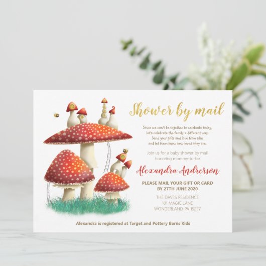 Goldfolienpilz & Bienendusche Babydusche per Post Einladung (Stehend Vorderseite)