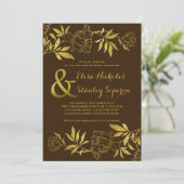Goldfolienschaumchen Blumenbraun Hochzeit Einladung (Stehend Vorderseite)