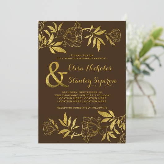 Goldfolienschaumchen Blumenbraun Hochzeit Einladung (Stehend Vorderseite)