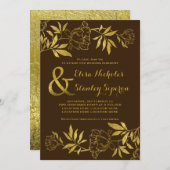 Goldfolienschaumchen Blumenbraun Hochzeit Einladung (Vorne/Hinten)