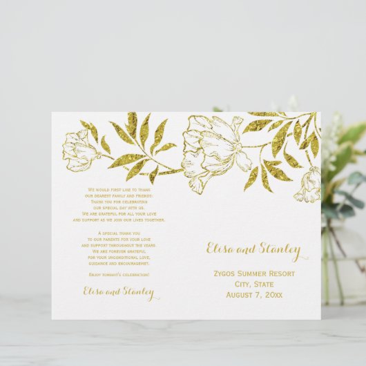 Goldfolienschaumchen Weißes Hochzeitsprogramm (Stehend Vorderseite)
