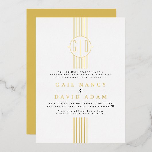 Goldfolienstreifen, Monogramm Hochzeit Folieneinladung (Vorderseite/Rückseite)
