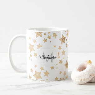 Goldfunkel Sterne Weihnachtsmongramm weiß Kaffeetasse