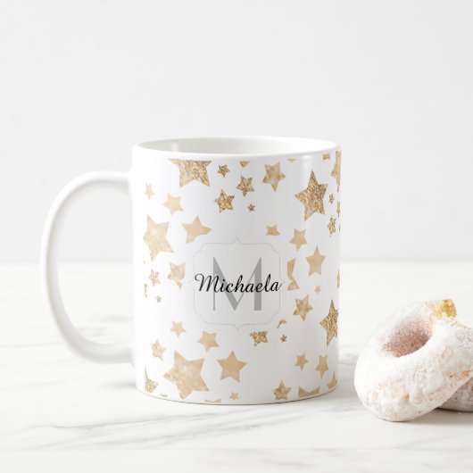 Goldfunkel Sterne Weihnachtsmongramm weiß Kaffeetasse (Mit Donut)