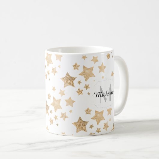 Goldfunkel Sterne Weihnachtsmongramm weiß Kaffeetasse (VorderseiteRechts)